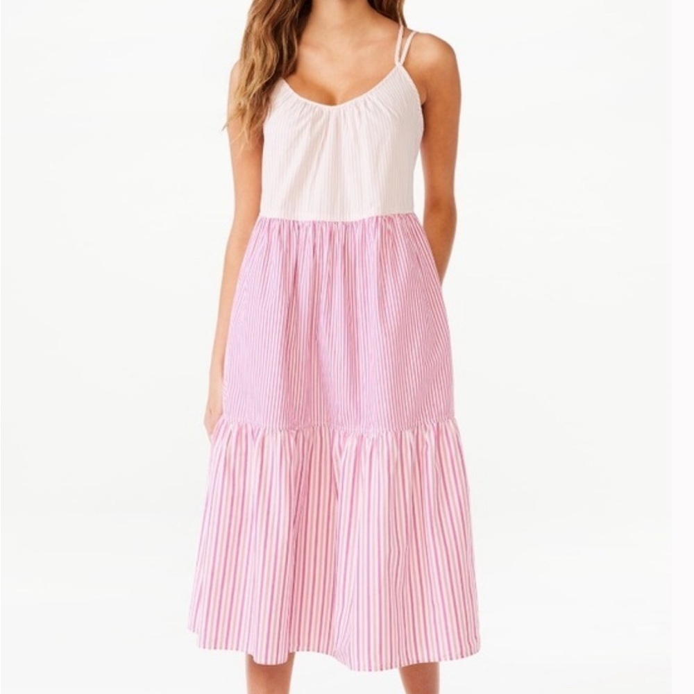 FREE ASSEMBLY Pink Tiered Midi Sundress with Spaghetti Straps. Size Xs